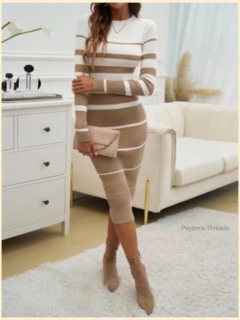 Striped Bodycon Midi Dress Long Sleeve Crew Neck Ribbed Knit Slim Fit - Picture 2 of 6